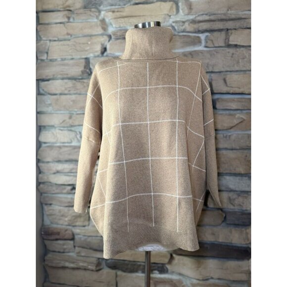 NWT Loft Tan Windowpane Cowl Neck Poncho Sweater Oversized Boho Womens Sz L - Picture 1 of 10